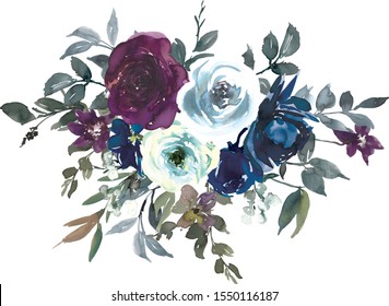 Navy Blue White And Plum Watercolor Floral Bouquets Isolated On White Background