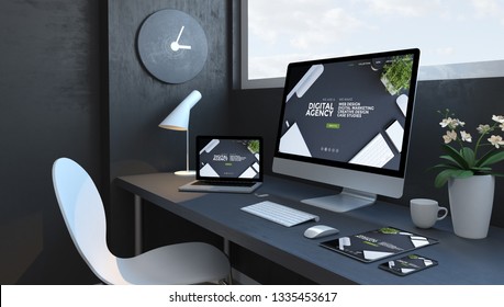 Navy blue workspace with responsive devices 3d rendering digital agency website