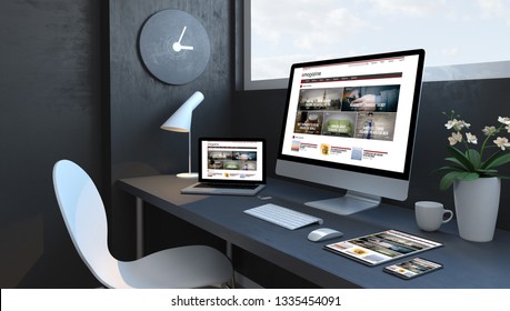 Navy blue workspace with responsive devices 3d rendering trends magazine website