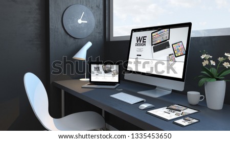 Navy blue workspace with responsive devices 3d rendering design website