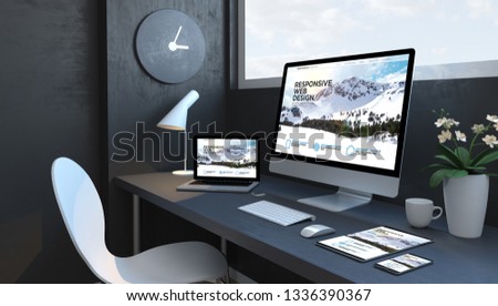 Navy blue workspace with responsive website devices 3d rendering design website