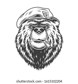 Navy Seal Bear Head In Beret Smoking Cuban Cigar In Vintage Monochrome Style Isolated Illustration