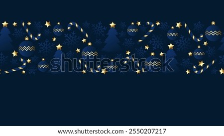 Navy seamless border with candy cane, ball, snowflake and christmas tree decorated gold stars