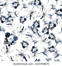 Navy Seamless Leaves. White Pattern Background. Blue Tropical Illustration. Gray Spring Plant. Cobalt Floral Leaf. Azure Flora Palm. Azure Isolated Design.