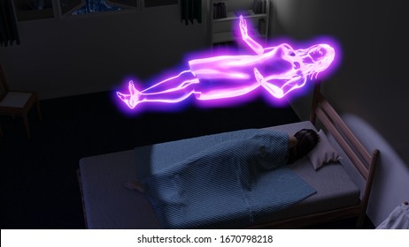 Near Death Or Afterlife, Dying And Going To Heaven, Out Of Body Experience And Reincarnation - Looking From Above And Seeing A Ghost Of A Woman Leaving A Body Of A Sleeping Woman - 3D Illustration