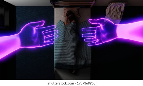 Near Death Or Afterlife, Out Of Body Experience And Reincarnation - 3D Illustration - A Ghost Of A Woman Leaving A Body Of A Sleeping Person And Her Body Seen From Above Through The Arms Of Light