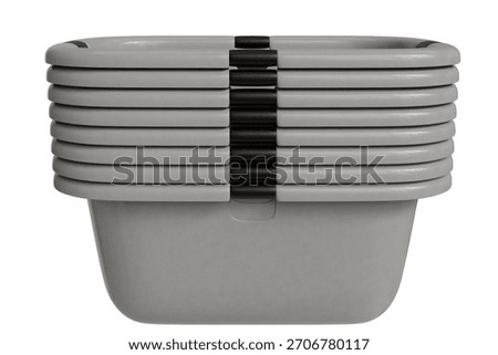 A neat stack of multiple light gray, rectangular plastic storage containers, with a distinct black vertical band securing or accentuating the nested form