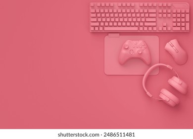 Neatly organized home office setup with tech gadgets like a wireless keyboard, mouse, gaming controllers and headphones on monochrome background - Powered by Shutterstock