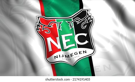 NEC Nijmegen football club emblem. Motion. NEC professional Dutch association football club realistic flag. For editorial use only.
