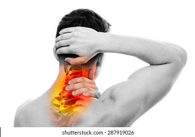Neck Pain - Male Anatomy Sportsman Holding Head Cervical Vertebrae Area