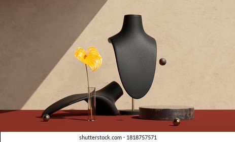 Necklace display stand, anthurium flower and platform. Jewelry showcase minimalist background. 3d rendering.