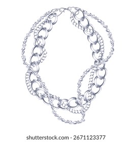 Necklace with two types of chains and a strand of baroque pearls. Isolated watercolor illustration of jewelry for catalog design, shop windows, branded packaging, interior design and wedding events