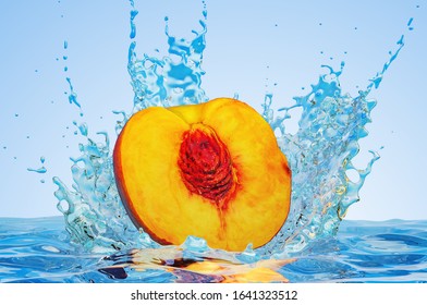 Nectarine or peach cut in half with water splashes, 3D rendering on blue background 