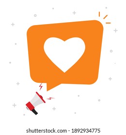 Need Love Or Social Media Likes From Bubble Speech Message Flat Cartoon Concept, Balloon With Heart Shape Icon, Valentines Day Notice Or Loud Announcement Idea Image