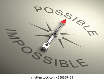 Needle Of A Compass Pointing On The Word Possible, Realistic 3D Render With Depth Of Field, Blur Effect On The Word Impossible.