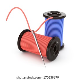 Needle And Spools Of Thread Isolated On White Background. 3d Render