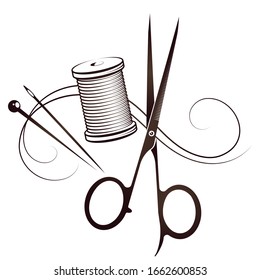 Needle and thread scissors silhouette for sewing tailor