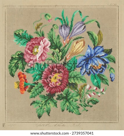 Needlework pattern (1800-1900) by Seiffert and Co and A Nicolai. Vintage flower illustration. Vintage art illustration of flower. Floral artwork.