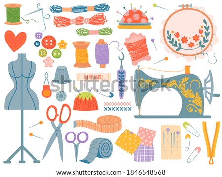 Needlework tools. Various sewing tool and supplies, sewing machine. Buttons, spools and threads, needles, scissors. Dressmaking  set. Yarn, dummy and thimble for hobby or work