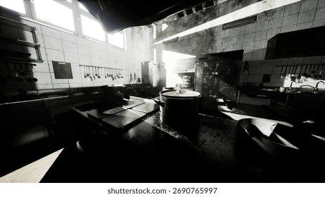 In a neglected kitchen, sunlight streams through dusty windows, casting long shadows. Utensils hang quietly as remnants of meals linger in the air, evoking a sense of abandonment and nostalgia.