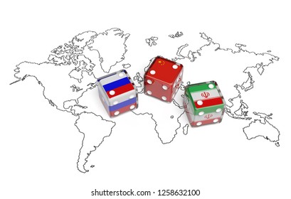 Negotiation Political Concept: Dices With Flags Of Russia, China And Iran On The World Map. 3d Illustration