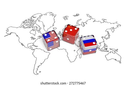 Negotiation Political Concept: Dices With Flags Of USA, Russia And China On The World Map Symbolize Foreign Affairs, Summit Of Countries, State Interests, Discussion On Global Issues