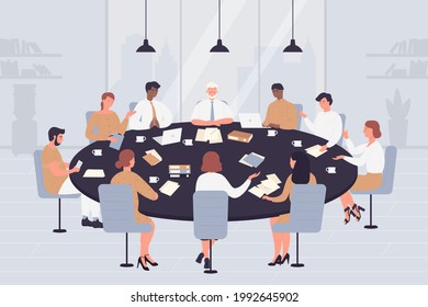 Negotiation Table Illustration. Cartoon Politicians, Directors Or Corporate Leaders People Negotiate, Sitting At Circle Table In Office Conference Hall, Boardroom Or Meeting Room Background