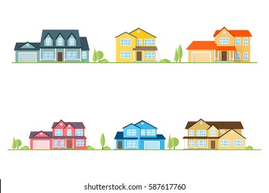 Neighborhood With Homes Illustrated On White. Flat Icon Suburban American Houses. For Web Design And Application Interface, Also Useful For Infographics. 