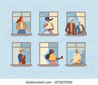 Neighbors in window. Neighborhood relationship communication. Senior couple, mature woman, teenager girl, mother holding newborn baby. Young, adult, mature people stay home during coronavirus - Powered by Shutterstock