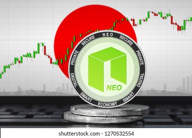 NEO Japan; Neo Coin On The Background Of The Flag Of Japan