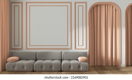 Neoclassic living room, molded walls with copy space, template. Arched door with curtain and parquet floor. White and orange pastel tones, modern velvet sofa. Classic interior design, 3d illustration