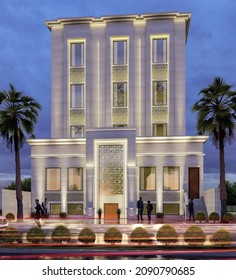 Neoclassical Exterior Of Apartment Building Redesign Night View, 3d Illustration Of 4 Story Building Unit Design