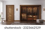 Neoclassical interior design. Luxury living room with wooden doors and wardrobe, premium style. 3d illustration
