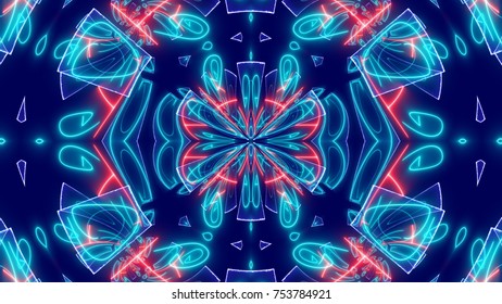 A neo-geo 3d rendering of some psychedelic backdrop with whirling blue ovals and crystals, bright and curvy lines shimmering in the blue background.  It looks hypnotic and magic.