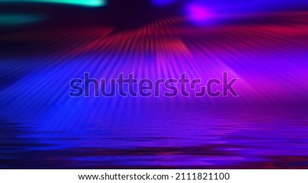 Neon abstract rays of light on a dark background. Light effect, laser show, reflection on the water surface. Ultraviolet radiation, night club, beach party. 3d illustration