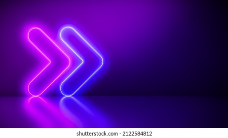 Neon arrow abstract Blue And Pink with Light Shapes on colorful background and reflective floor, party and concert concept.