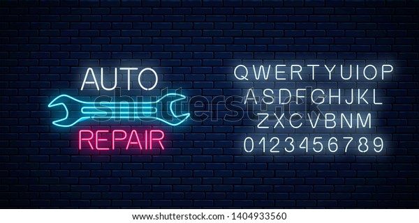 Neon auto repair shop\
sign with alphabet. Glowing night advertising symbol of vehicle\
repair station.