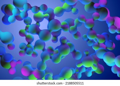 Neon Background. Design On Science Theme. Cells Are Interconnected. Abstract Science Background. Cells Made Up Of Balls. Concept Of Scientific Research. Blue Purple Science Background. 3d Image.