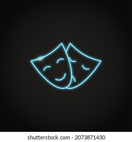 Neon Bipolar Disorder Icon In Line Style. Smiling And Sad Theatre Masks. Mood Change Symbol.