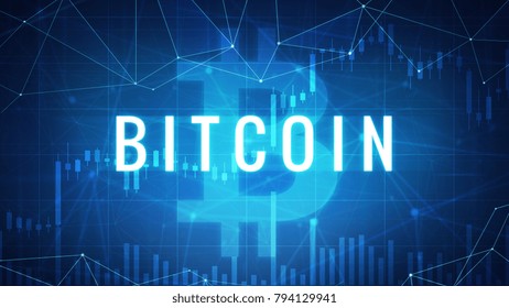 Neon Bitcoin Coin With Bull Trading Stock Chart. Bitcoin Gold And Cash Lightning Blockchain Hard Fork Concept. Cryptocurrency Coin Icon Illustration On Polygon Peer To Peer Network Background.