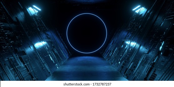 Neon Blue Dark Metal Schematic Textured Alien Spaceship Warehouse Tunnel Corridor Hallway Triangle Sci Fi Empty Rough Cement Concrete Asphalt Background 3D Rendering Illustration