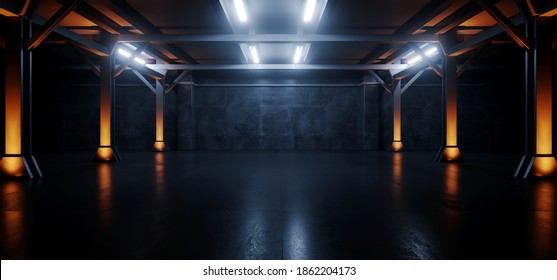 Neon Blue Orange Spaceship Led Industrial Realistic Sci Fi Futuristic Modern Hangar Car Parking Underground Garage Warehouse Hallway Steel Concrete Cement 3D Rendering  Illustration