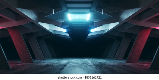 ネオンブルーの赤いエイリアン宇宙船sfiコンクリート粗いセメントガレージトンネル廊下倉庫地下の未来的な現代の背景3dレンダリングイラスト のイラスト素材 Shutterstock