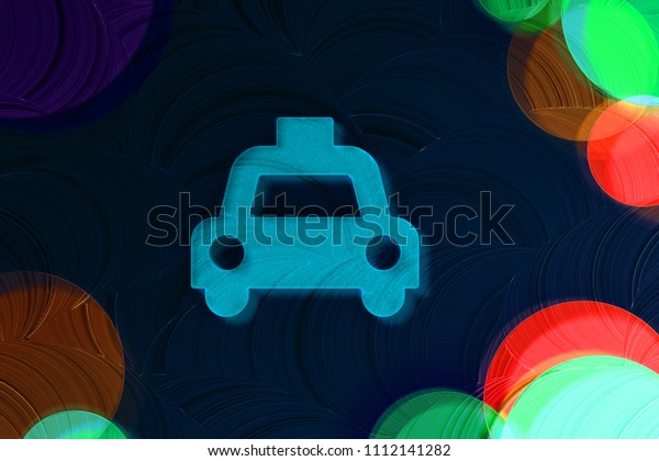 Neon Blue Taxi Icon on the Black Painted\
Background. 3D Illustration of Blue Car, Road, Passenger, Taxi Cab\
Icon Set on the Dark Black\
Background.