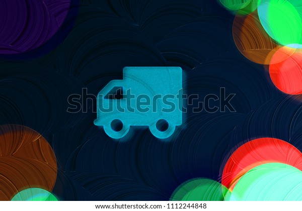 Neon Blue Truck Icon on the Black Painted\
Background. 3D Illustration of Blue Buy, E-Commerce, Shipping,\
Speed, Icon Set on the Dark Black\
Background.