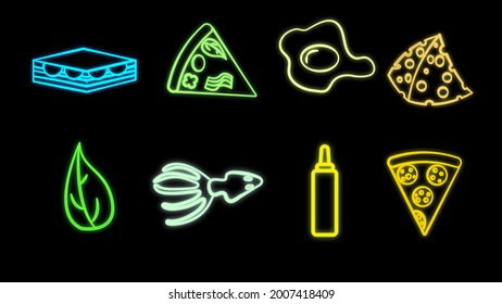 Neon Bright Glowing Multicolored Set Of Eight Icons Of Delicious Food And Snacks Items For Restaurant Bar Cafe: Sandwich, Pizza, Egg, Cheese, Greens, Squid, Mustard.