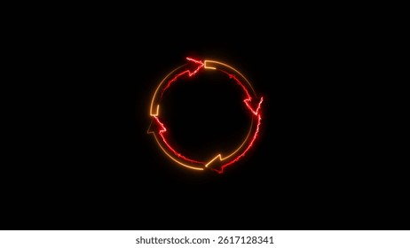 Neon circle arrows orange color 4k illustration. simple round circle recycle bin icon animation. Black background 4k illustration.