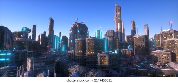Neon City Of A Future. Industrial Zone In A Futuristic City. Wallpaper In A Cyberpunk Style. Grunge Cityscape With Bright Neon Lights And Huge Futuristic Buildings. 3D Illustration.
