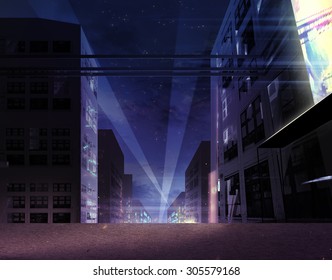 Neon city lights background. Illustration of the night city street block with neon lights, bright screen and projectors.