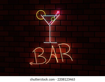 Neon Cocktail Bar Sign. 3D Rendering. Martini On Red Brick Wall Background.